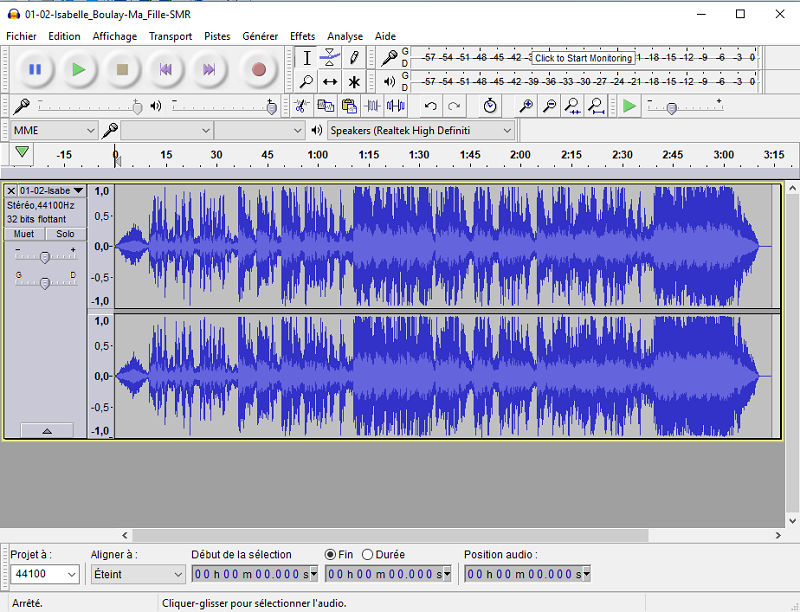 un fichier audio stéréo dans Audacity