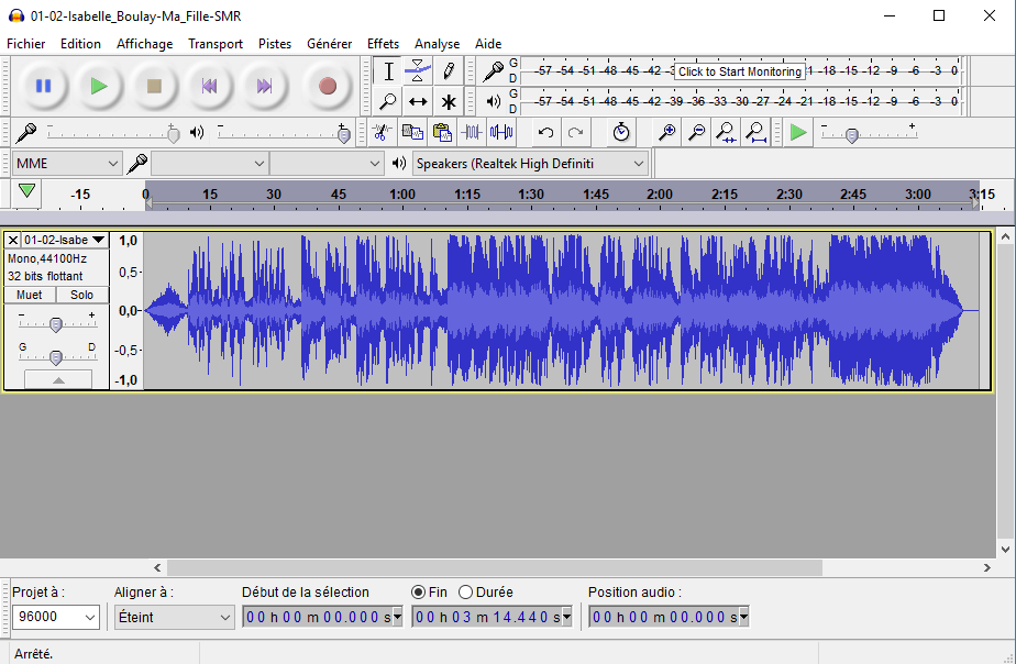 un fichier audio mono dans Audacity