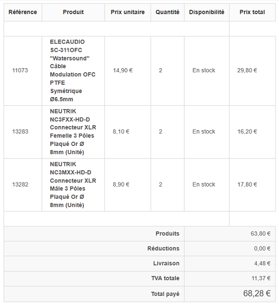 Commande câble et prises pour une liaison XLR stéréo DIY-2