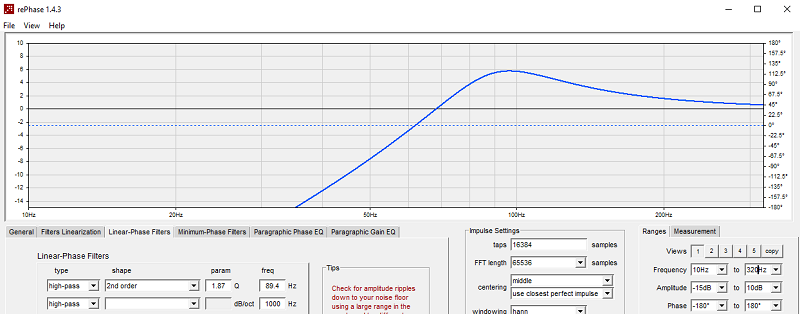 Filtre du 2eme ordre dans rePhase, Q=1.87, F=89.4 Hz
